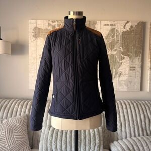 Lauren Ralph Lauren Navy Quilted Jacket XS Lamb Leather Trim Equestrian Coat